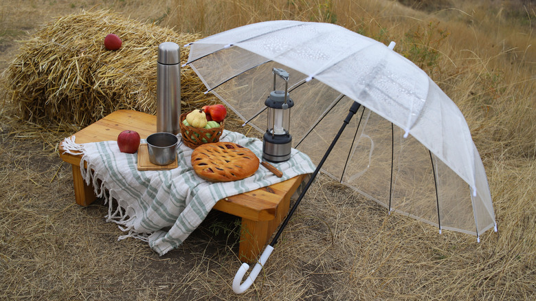 A clear umbrella lies open next to a small wooden picnic table
