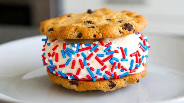 Ice cream sandwich with red, white, and blue sprinkles.