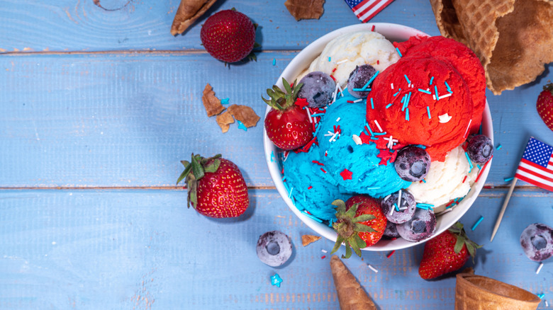 A red, white, and blue ice cream sundae.