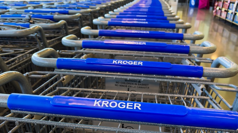 Rows of Kroger shopping carts neatly stowed