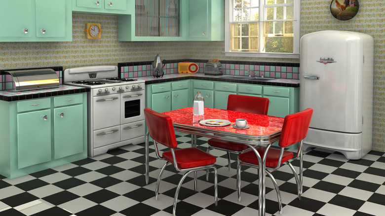 Vintage style kitchen with retro furniture and appliances