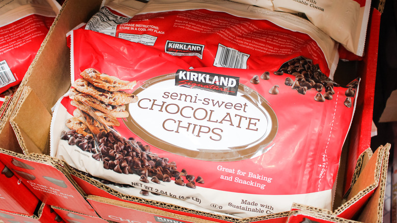 Kirkland Signature semi-sweet chocolate chips on display at a Costco