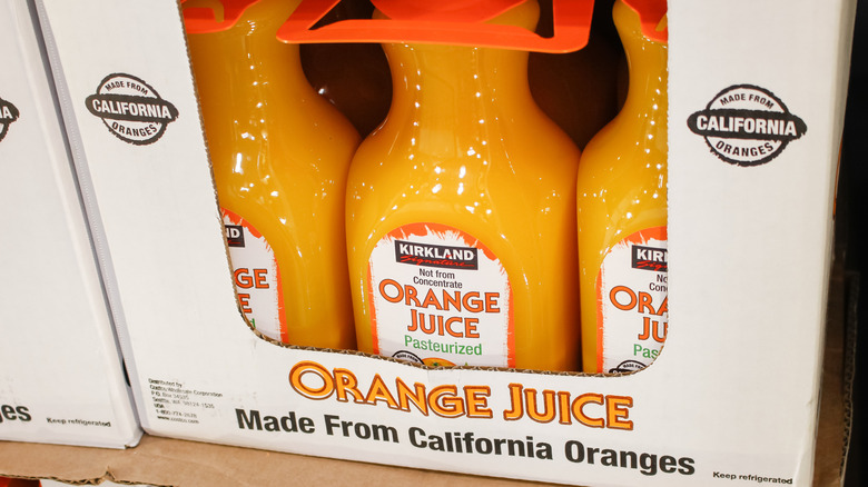 Kirkland Signature orange juice on display at a Costco