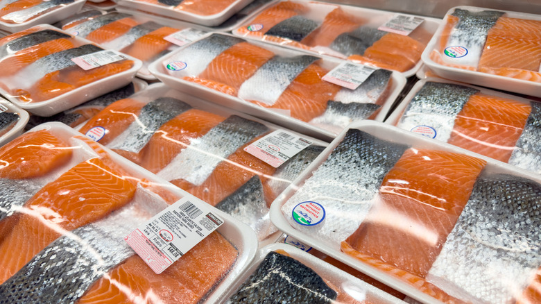 Kirkland Signature salmon on display at a Costco