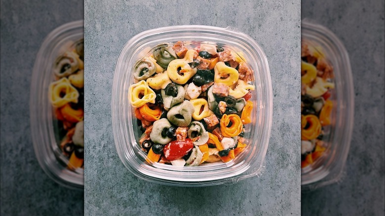 Closeup of Kirkland Signature Tortellini Pasta Salad.