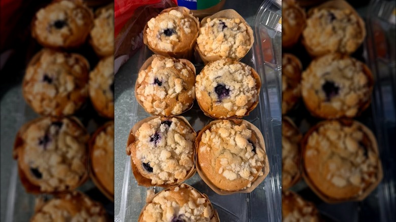An open package of Kirkland Signature Blueberries and Cream Muffins