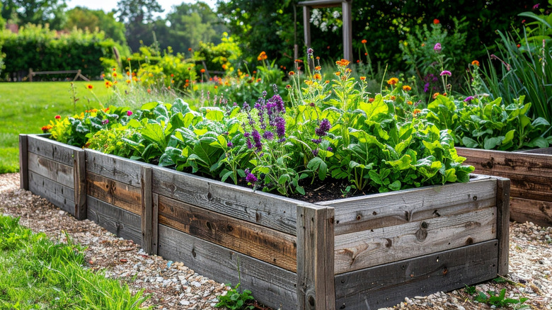 Flowers grow in a raised garden bed