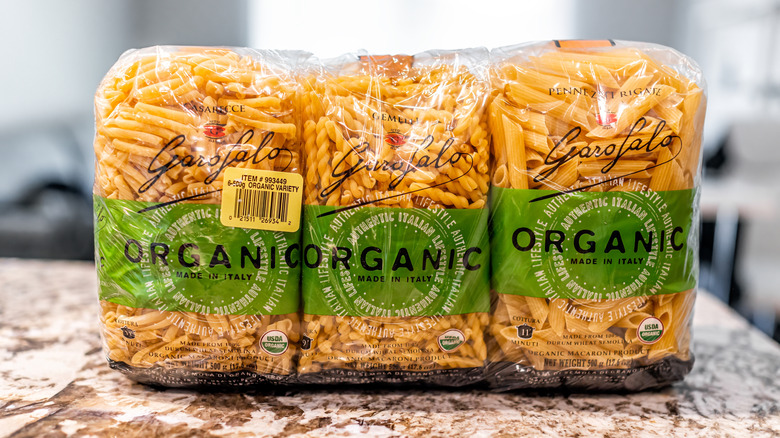 close up product shot of garofalo organic pasta package on countertop