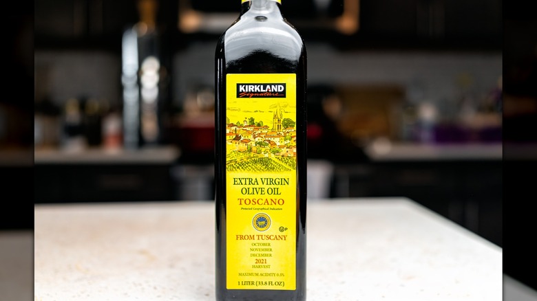 close up of bottle of Kirkland Signature Toscano extra virgin olive oil
