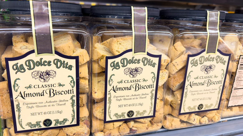 three jars of la dolce vita classic almond biscotti on a store shelf