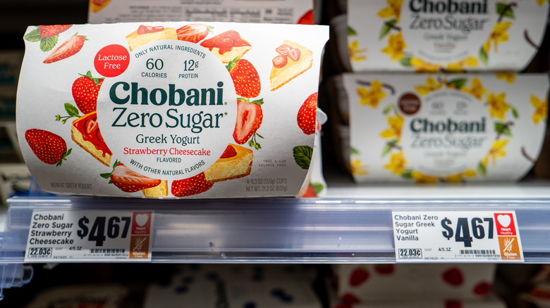 Chobani yogurt on display on a grocery store shelf