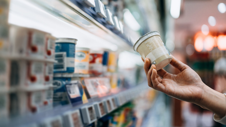 Yogurt on display on grocery store shelves