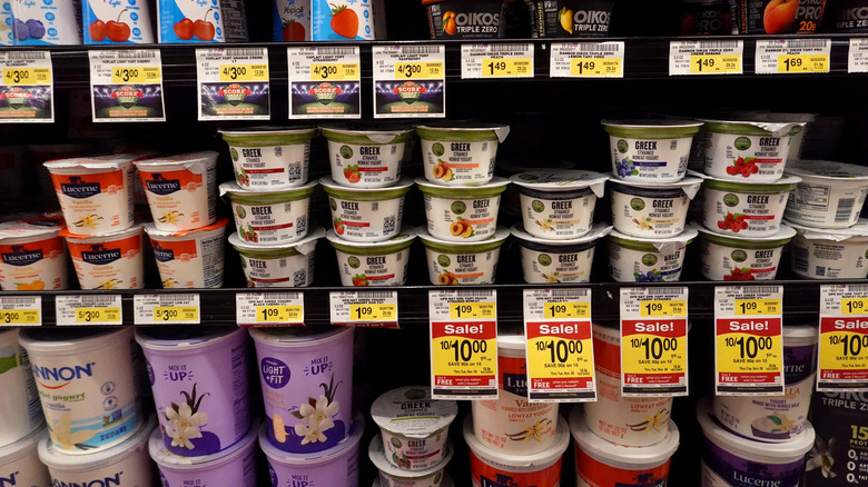 Yogurt on display in a supermarket
