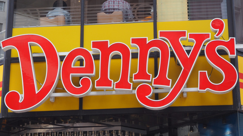 Closeup of a Denny's sign outside the restaurant
