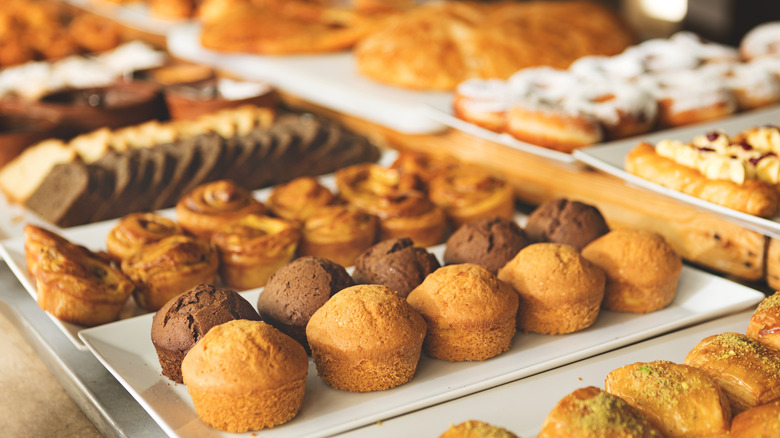 Variety of baked goods in a bakery case