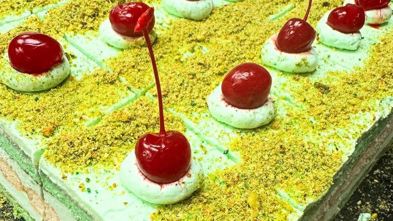 Zoom-in shot on a freshly-baked sheet of Bova's pistachio-flavored tiramisu