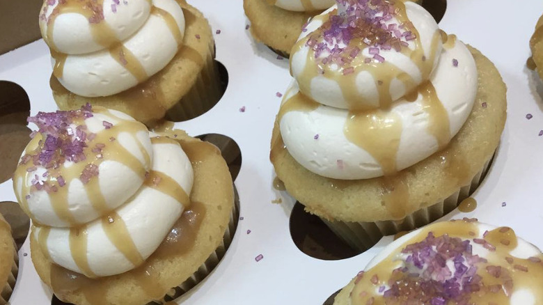 A zoomed-in shot of Sweet Life Bakeshop's custom-made, salted-caramel cupcakes