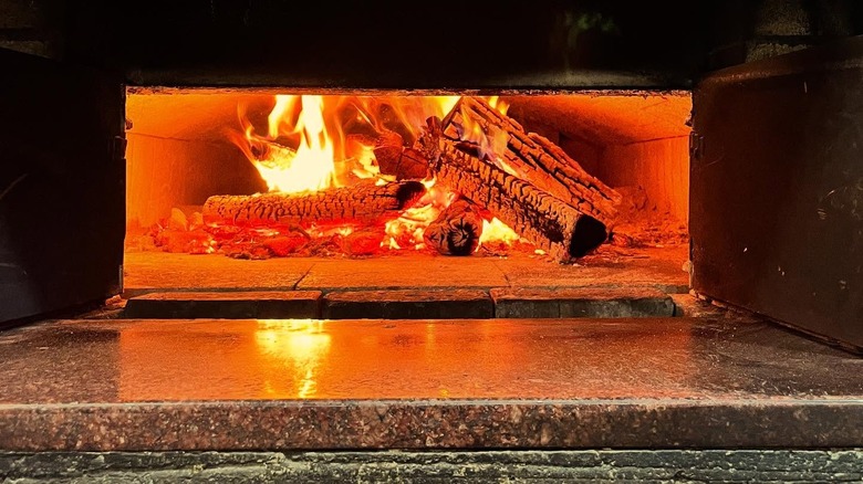 A zoomed-in photograph of the active, fire-burning center of Tellico Grain's big, brick oven
