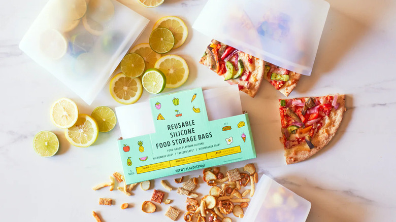 Trader Joe's Reusable Storage Bags by citrus rounds and pizza