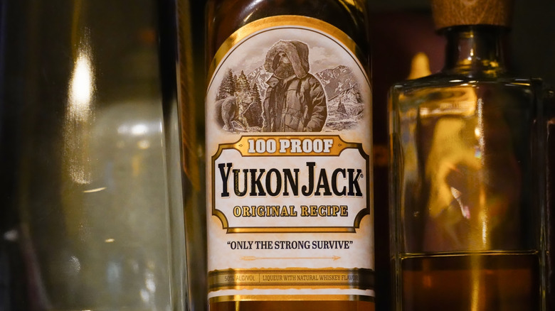 A photo of a bottle of Yukon Jack on a bar shelf