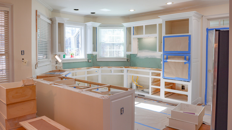 A kitchen undergoing extensive remodeling.