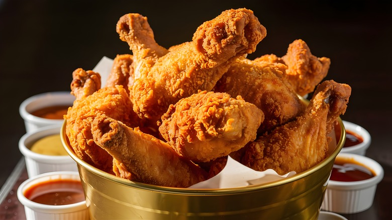 Many pieces of fried chicken sit in a golden bucket surrounded by dipping sauces