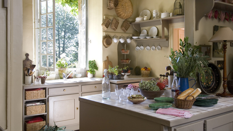 cozy kitchen with tiled countertops