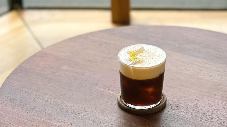 A Mont Blanc coffee on a coffee table at Good Measure cafe.