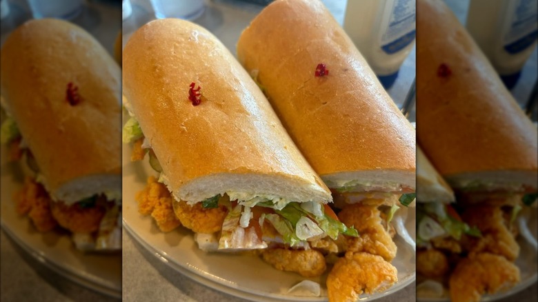 A fried shrimp po'boy using Leidenheimer bread