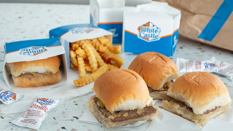 White Castle burgers and fries on a table