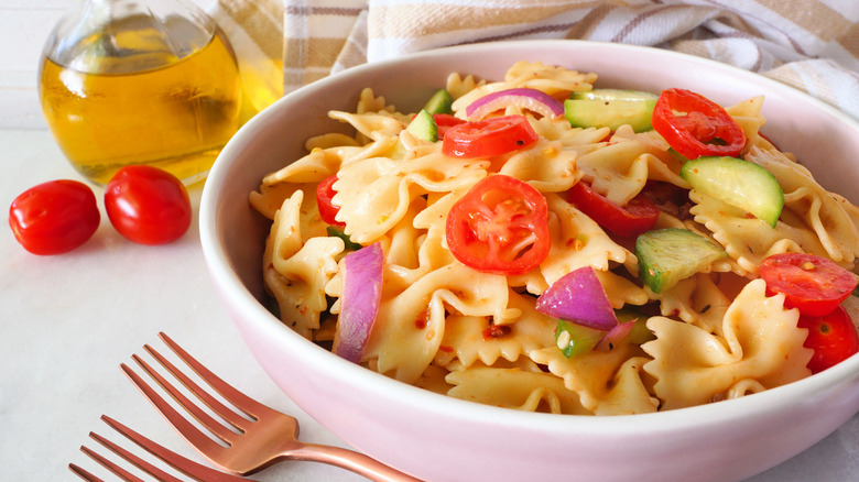 A colorful pasta salad.