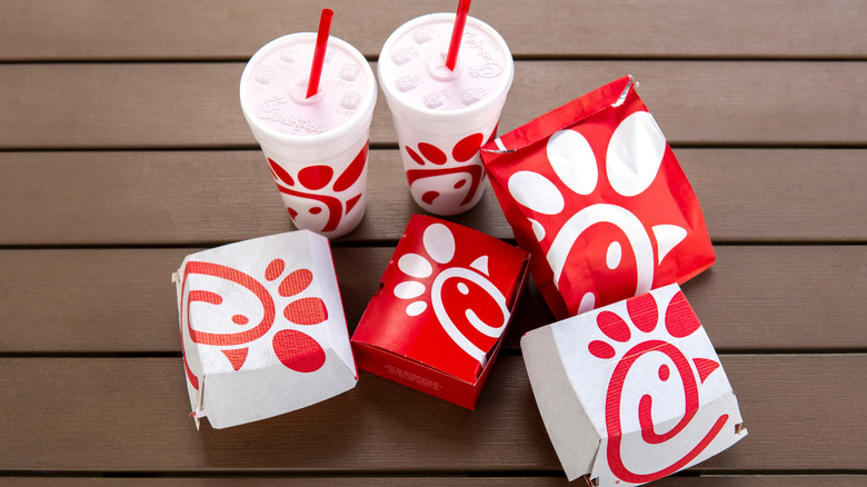 Chick-fil-A food and drinks in packaging.