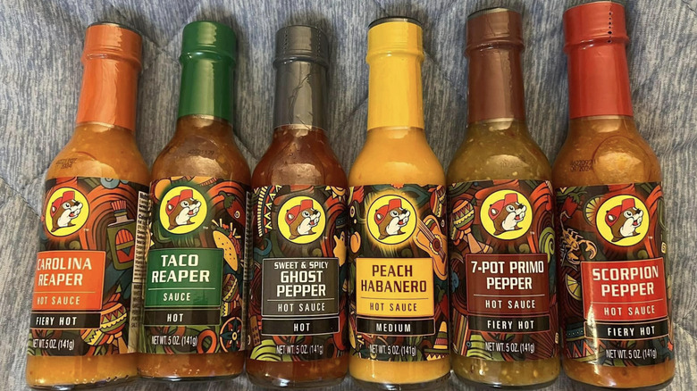 pictured lineup of Buccee's hot sauces