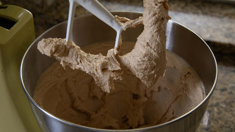 mixing batter ingredients in stand mixer