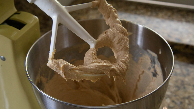 mixing batter ingredients in standmixer