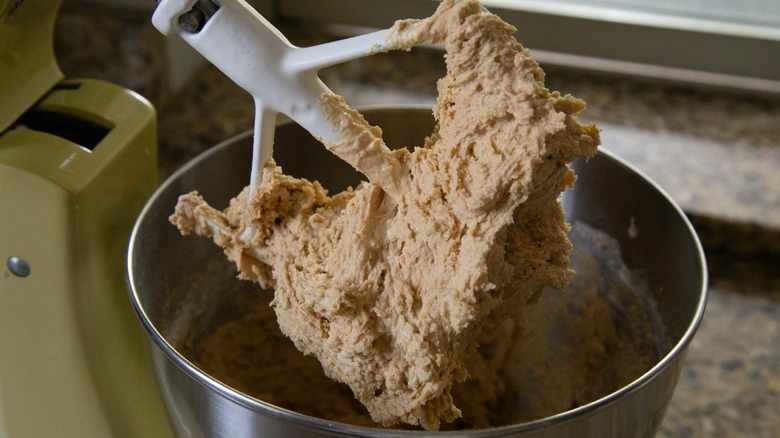 mixing batter ingredients in standmixer