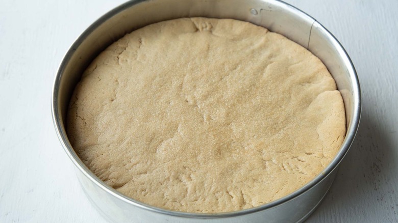 baked peanut butter cookie cake in springform pan