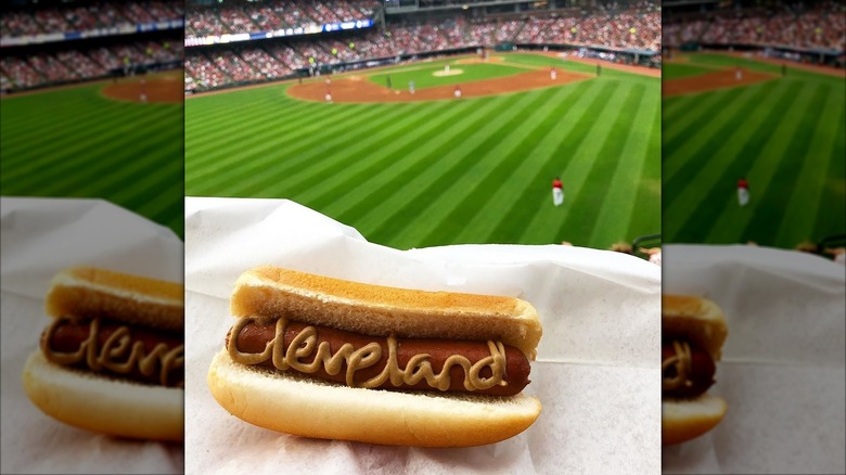 A stadium dog with Cleveland written on it in brown mustard, with a ballpark in the background