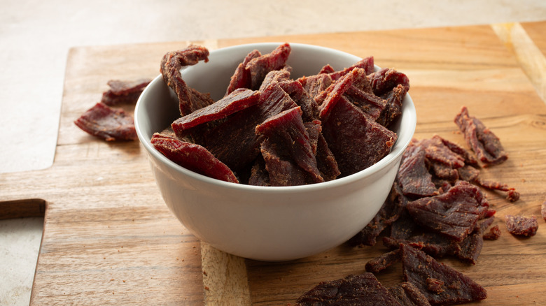 A bowl of beef jerky.
