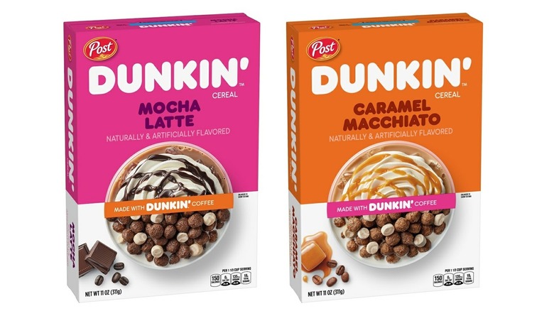 A box of Dunkin' Mocha Latte cereal and a box of Dunkin' Caramel Macchiato cereal sit side by side