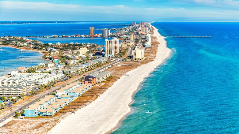 An aerial view of the pier at Pensacola beach in Florida.
