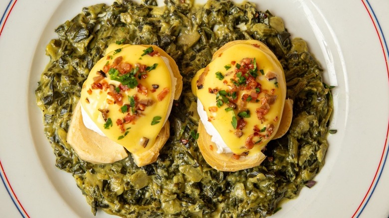 Eggs Sardou with Hollandaise sauce served at Antoine's Restaurant.