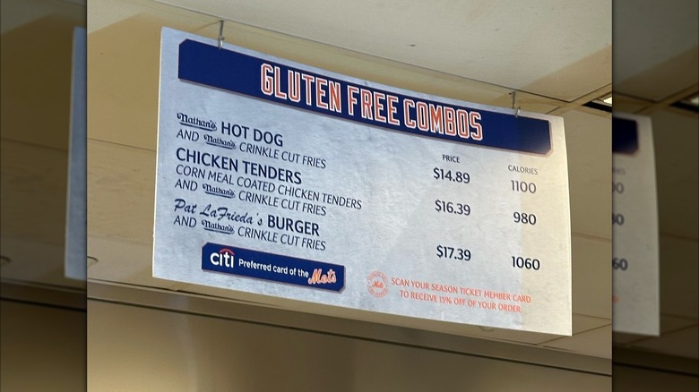 Gluten-free chicken tenders and fries sit in a NY Mets-branded basket