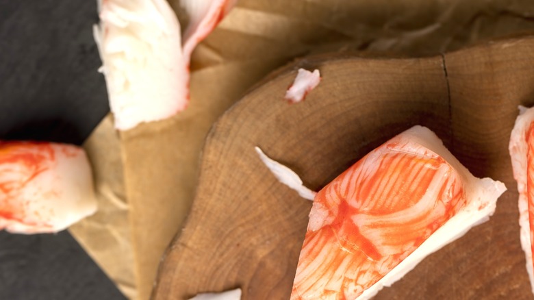 imitation crab chunks on table