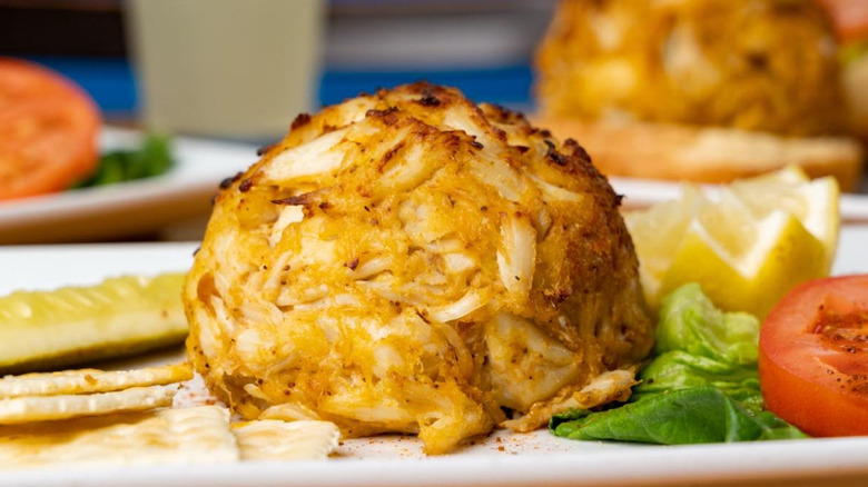 A large crab cake on a plate with lettuce, tomato, a pickle spear, and a lemon wedge.