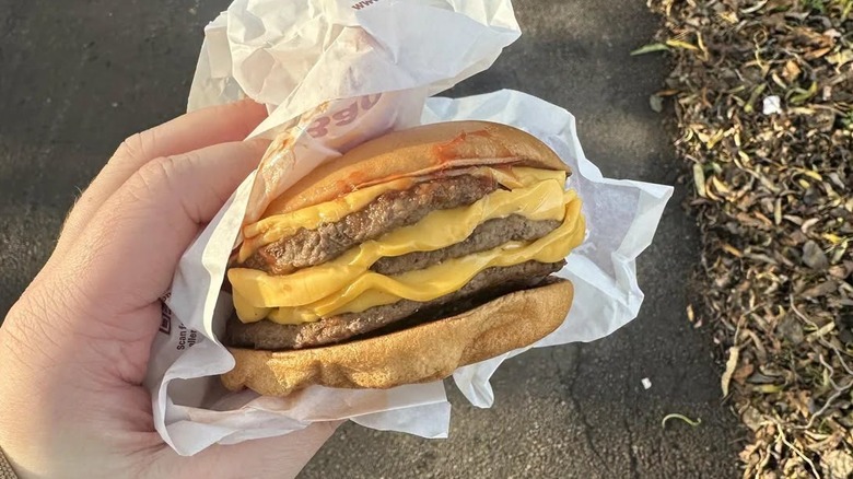 A hand holds at McDonald's cheeseburger.