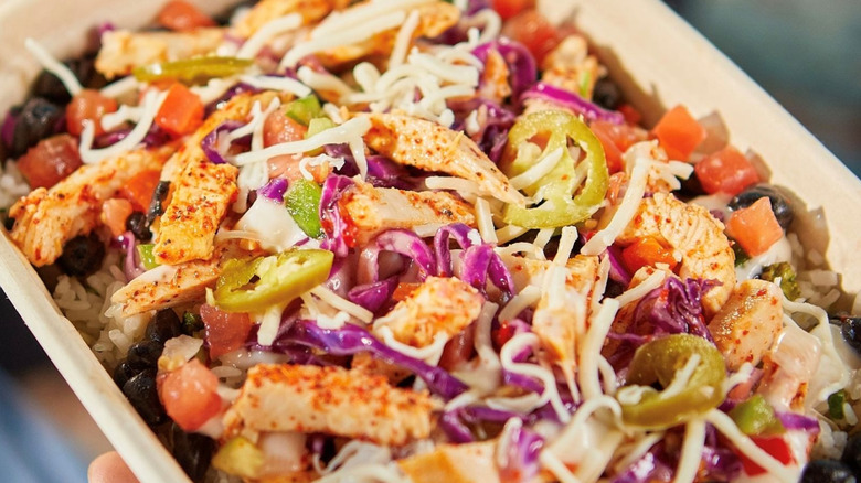 Tight close-up of Condado Tacos' high-protein Swole Bowl