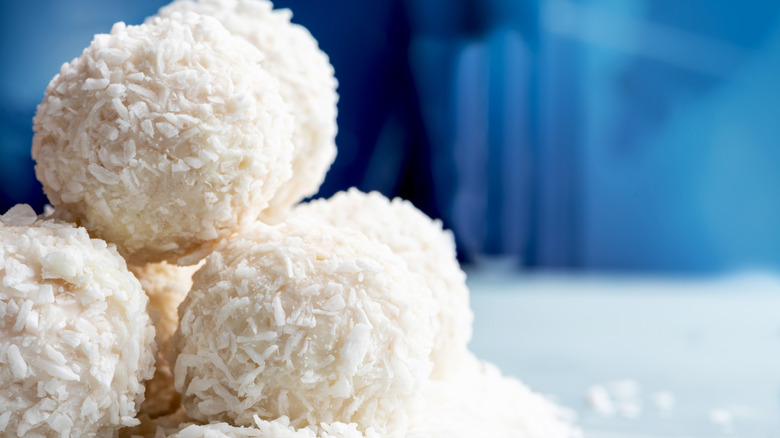 served dessert covered in coconut flakes