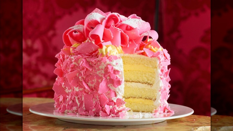 Pink Champagne Cake from the Madonna Inn, with one slice removed