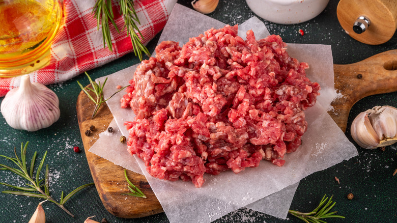 Raw ground beef on a cutting board